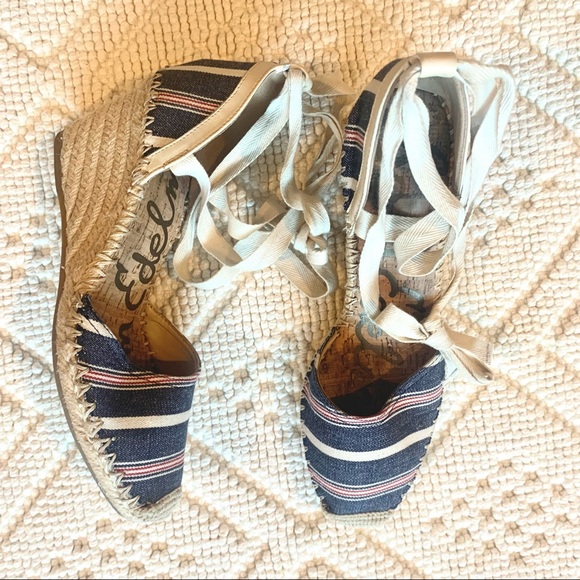 Sam Edelman Espadrille Blue and Red Striped Wedge Sandals - Picture 3 of 10